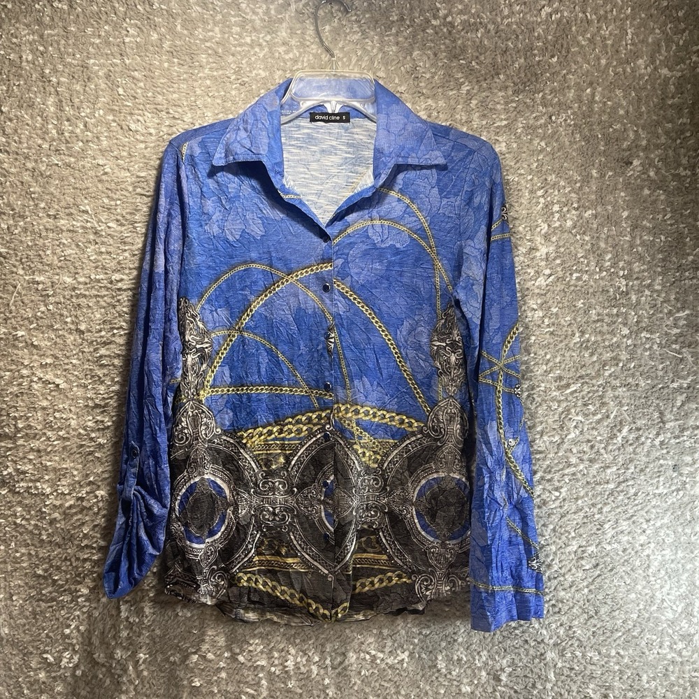 David Cline‎ Snap Front Long Sleeve Top Chain Print S Preppy Artsy Vacation